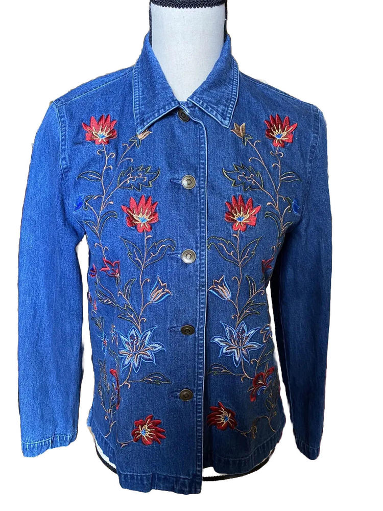 🦄🧥💙Talbots Women’s Size Petite Jean Jacket Denim with floral flowers 100% Cotton